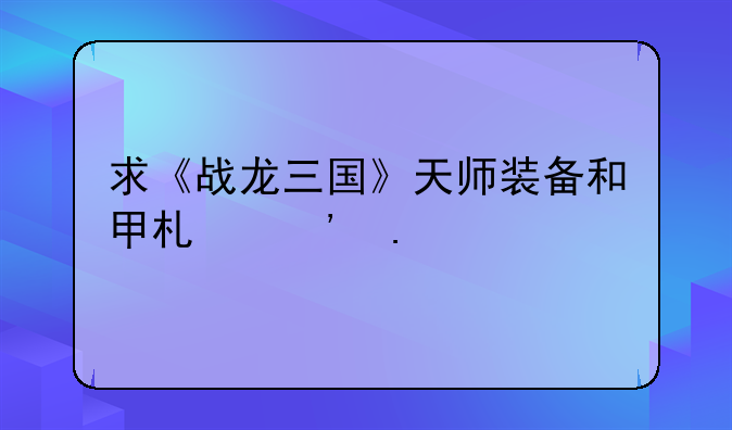 求《战龙三国》天师装备和甲术选择